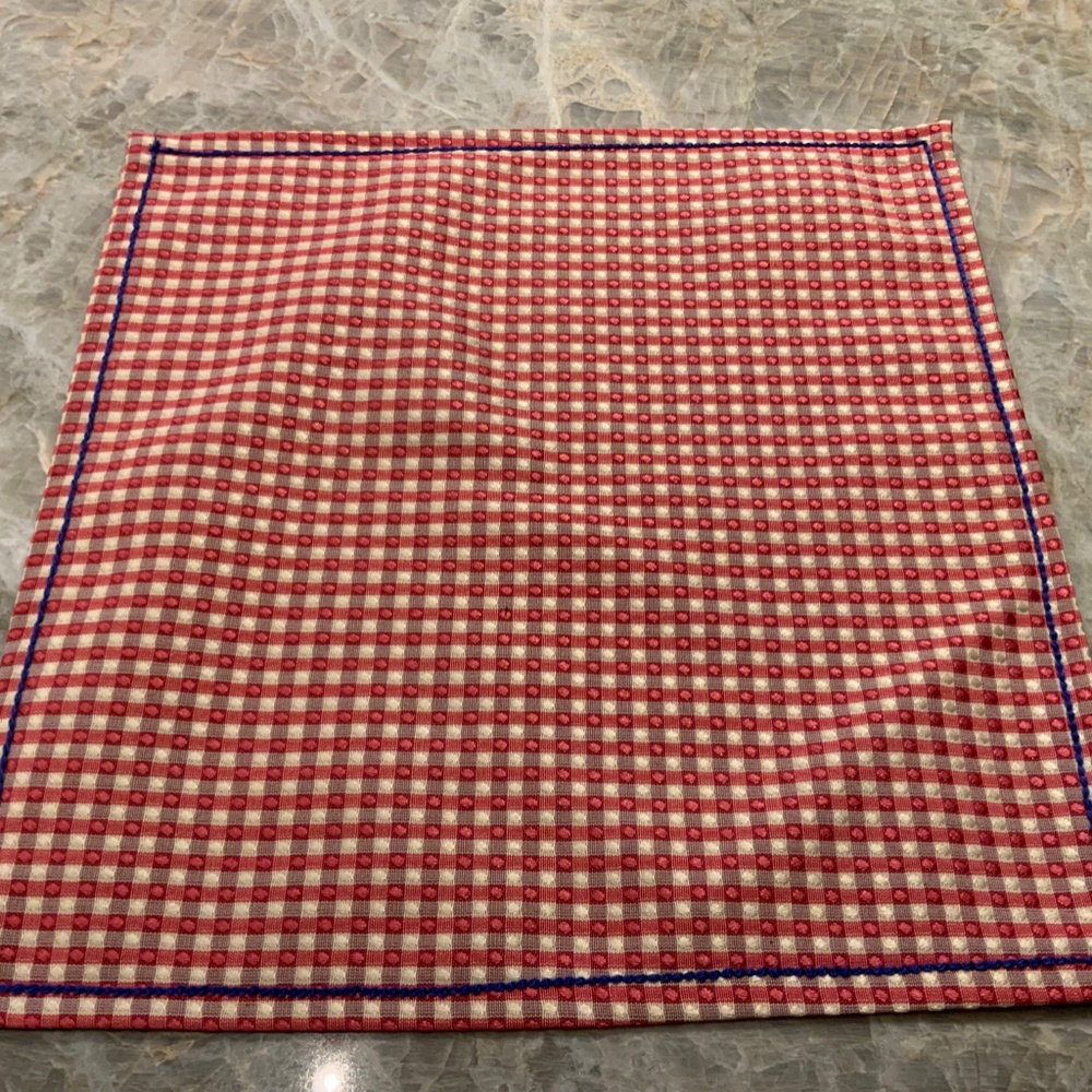 Set of 8 Cloth Napkins, Red Check Blue Trim, 12"